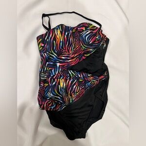 Longitude Black Multicolor Animal Print Swimsuit w/ 1 Strap Slimming Wild Thing